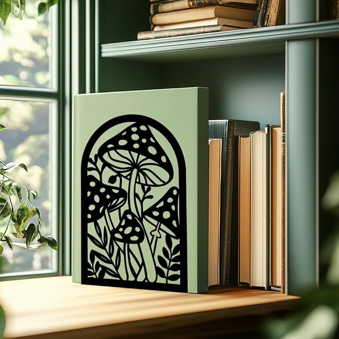 Mushroom Book Ends Design, Metal Bookends for Decorative Books, Heavy Duty Bookends for Shelves, 3.5"x4.7"x7.1" Book Stopper for Home Office School Bookshelf Decor