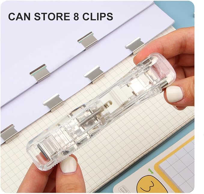 ULTECHNOVO Refillable Clip Stapler Set with White Clips, Portable Paper Fastener Dispenser for Office and School Document Binding and File Organization