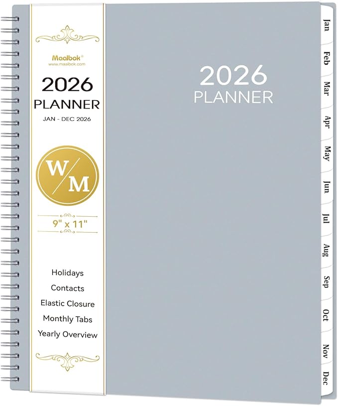 2026 Planner - January 2026 - December 2026, 9" x 11" Weekly Monthly Planner 2026, Tabs, Spiral Bound, Back Pocket, Gray