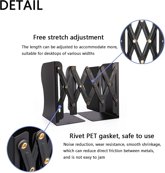Adjustable Metal Bookends Heavy Duty for Shelves, 2 Dividers, Anti-Slip Design Expandable Book Ends for Desk, Office(Black, 19 inches Max)