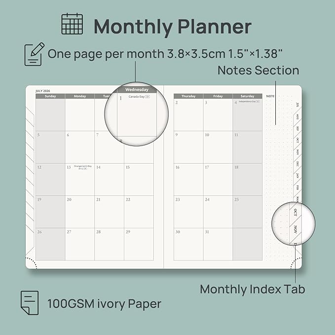 POPRUN Planner 2026-2027 (Medium 6.75"x 8.75"), Horizontal Weekly Notebook Jul.2026 - Jun.2027, Academic Appointment Book with Monthly Tabs, Leather Hardcover, 100 GSM - Pacific Green