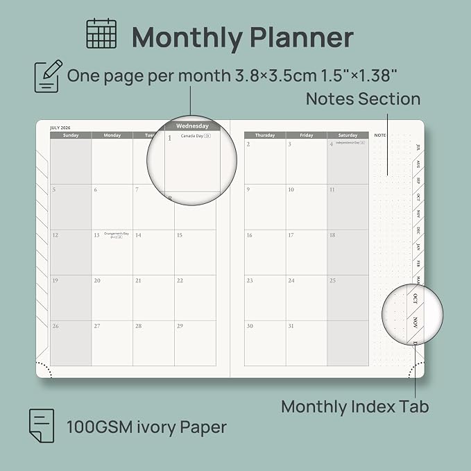 POPRUN Planner 2026-2027 (Medium 6.75"x 8.75"), Horizontal Weekly Notebook Jul.2026 - Jun.2027, Academic Appointment Book with Monthly Tabs, Leather Hardcover, Inner Pocket, 100 GSM - Black