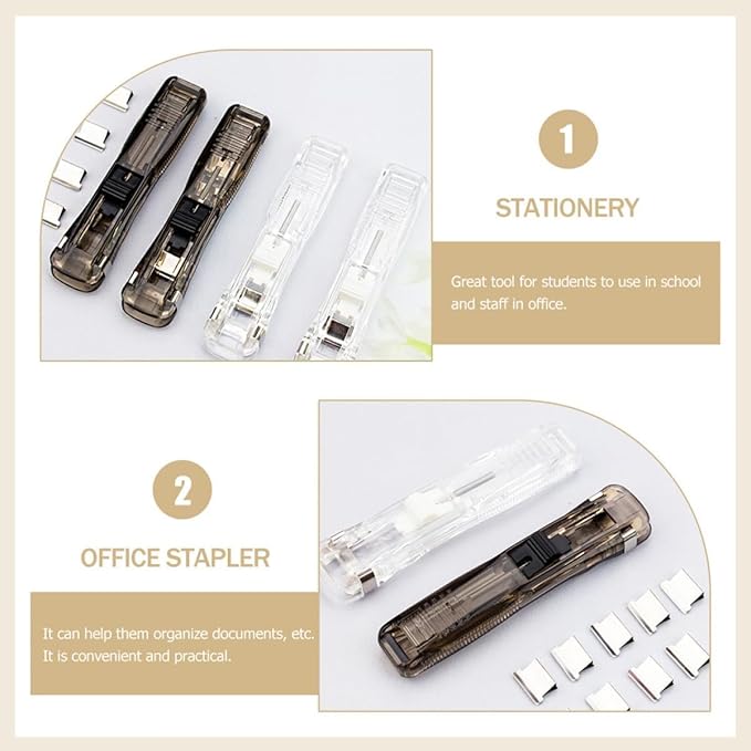 Reusable Desktop Stapler with Clip Dispenser, Refillable Office Stapler Set with 100pcs Reusable Refill Clips, Portable Desktop Push Staplers Binder Clips Paper Clamps (2PCS Black)