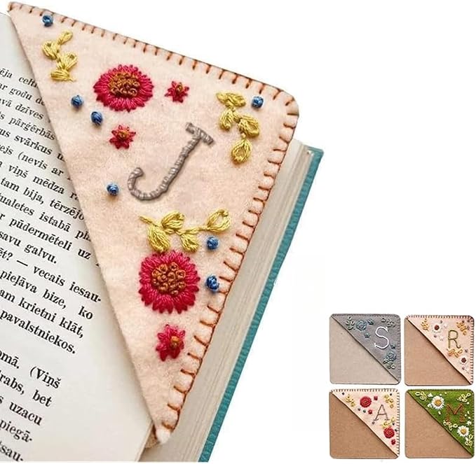 Personalized Hand Embroidered Corner Bookmark, 26 Letters Cute Flower Embroidered Corner Bookmark Embroidery Book Marker Clip for Book Lovers Bookmarks for Reading Lovers Meaningful GIF (Fall, J)
