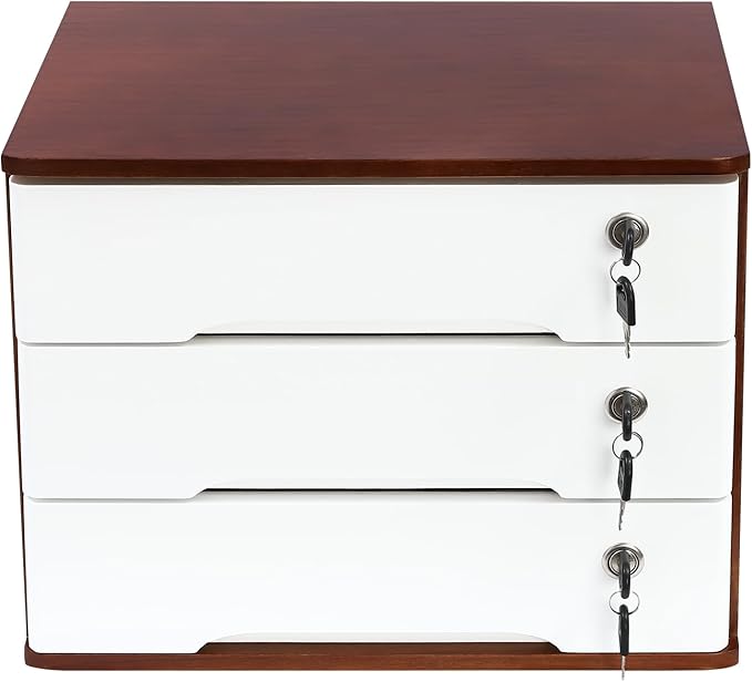 Lockable Desk Organizer Wooden Desktop Drawers Office Flat Files Storage Box Locking Countertop Storage Cabinet (Walnut + White, 3-Tier)