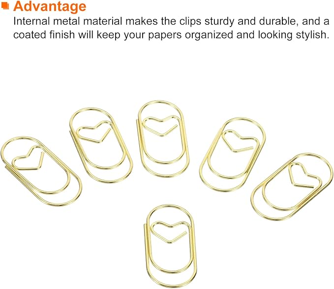 MECCANIXITY Paper Clip Heart-Shaped Cute Decorative Fun Clips Bookmarks 1.2 Inch Gold Tone for Organize Office Home, Pack of 50