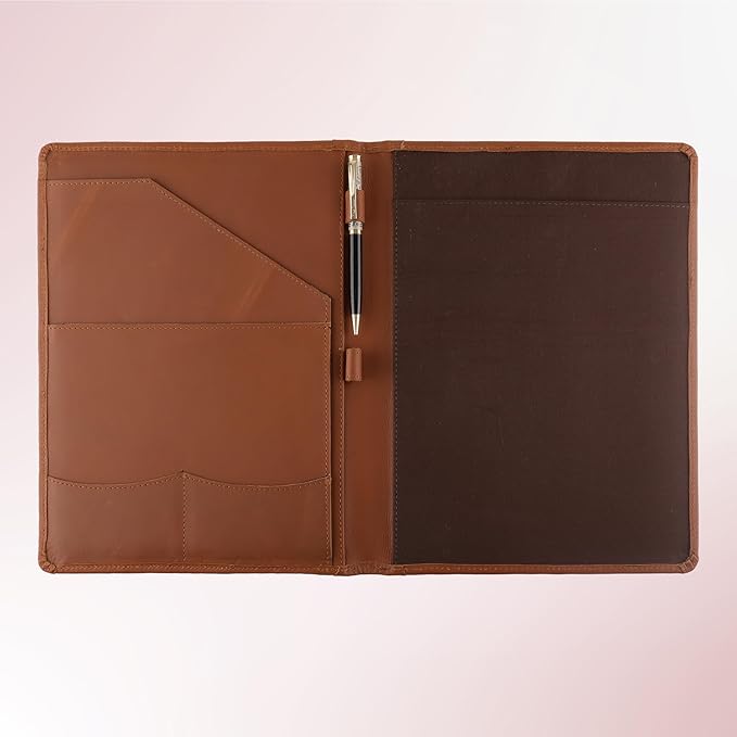 Succor Genuine Leather Portfolio Padfolio – Professional Business Folder & Leather Binder Organizer with Legal Pad Document Holder for Men & Women, Zipper-Free – 13x10 Inch, Brown