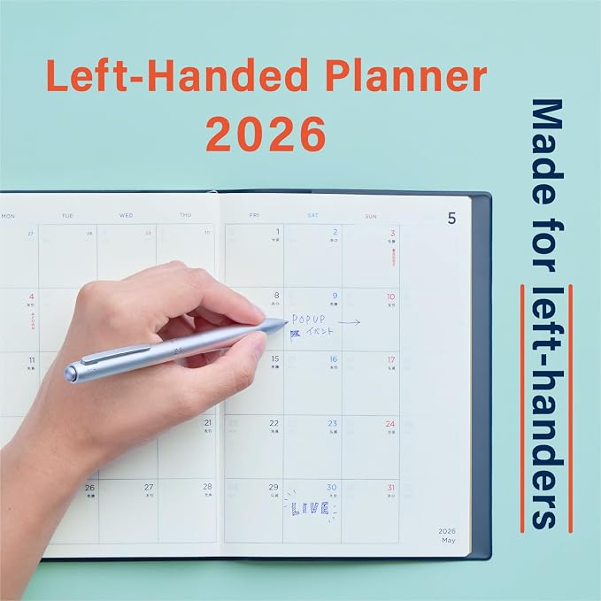 HIDARI Left-handed planner 2026 Japan edition, monthly and weekly, Jan 2026-March 2027, 5×7" (Lavender)