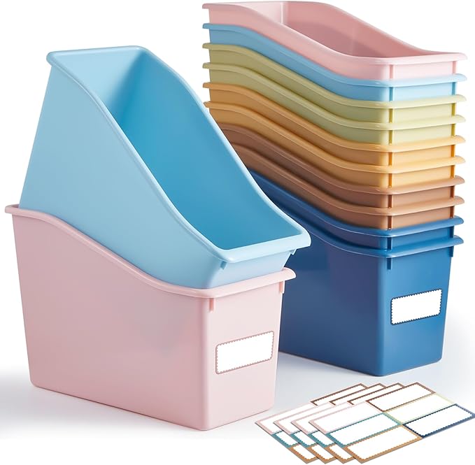 Geetery 50 Pcs Book Bin for Classroom with Labels Stackable Plastic Organizing Bins 11.5 x 5.4 x 7.5 in Book Holders Storage Bins Box Baskets for Classroom Library Home (Boho Color)