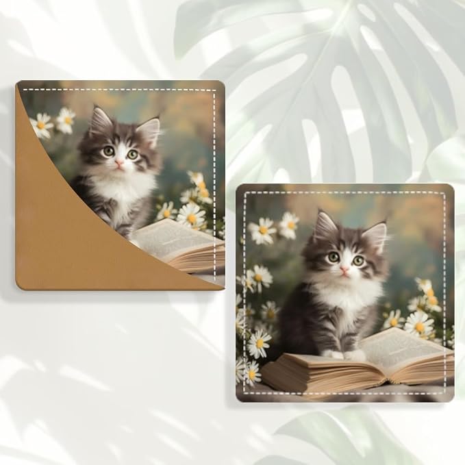 2PCS PU Leather Bookmarks 3.5x3.5 Inch Kitten Floral Book Design | PU leather bookmarks with kitten floral book design for novels, diary pages reading notes students, cat lovers and book fans.