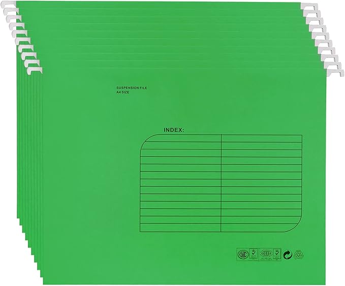 Hanging File Folder, A4 Suspension Files Holder, Hang Folder, Filing Cabinet Suspension File with Tab and Label for School Home Office, Green, 25 Pack