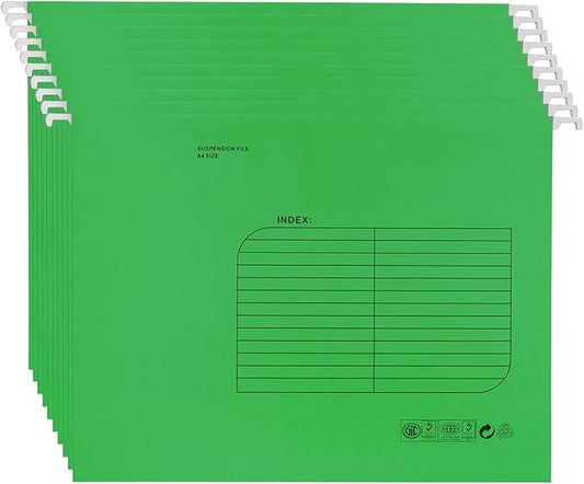 Hanging File Folder, A4 Suspension Files Holder, Hang Folder, Filing Cabinet Suspension File with Tab and Label for School Home Office, Green, 25 Pack