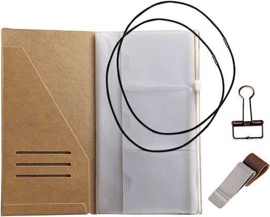 Travelers Notebook Accessories Kit - Kraft File Folder, Zipper Case, Pen Holder, Binder Clip and 2 Elastic Bands