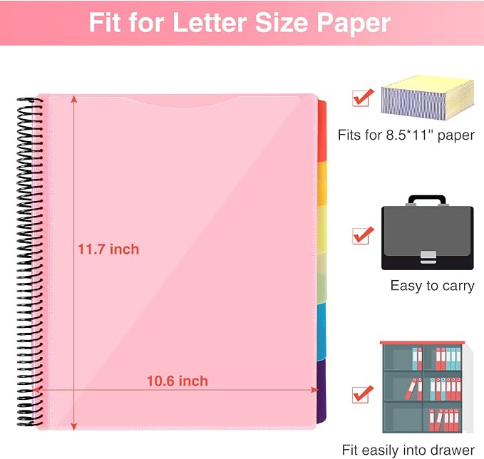 Forvencer 24 Pocket Project Organizer, 1/3-cut Tab Binder Organizer with Sticky Labels, Multi Pocket Folder with Zipper Pouch, Folder Binder Spiral Pocket Notebook, Office Supplies