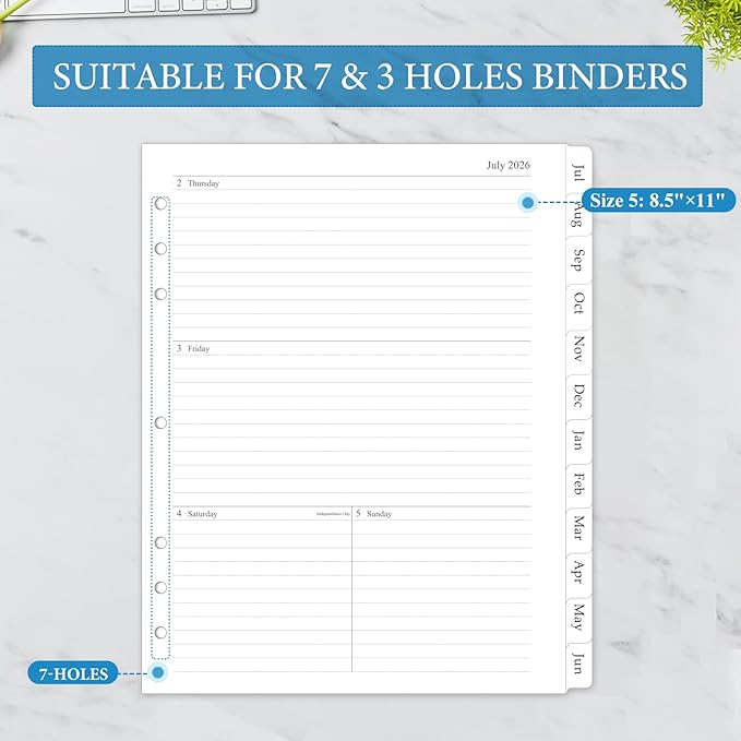 2026-2027 Weekly & Monthly Planner Refill, A4 Letter Size Inserts for 3 Ring Binder, Size 5, 8.5"x11", July 2026 - June 2027, 7/3-Hole Punched