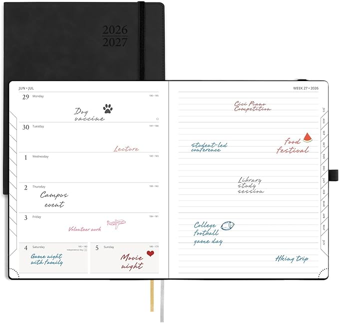 POPRUN Weekly Planner 2026-2027 (Large 8.5''x 10.5'') Academic Calendar (JUL.26 - JUN.27) Appointment Book with Monthly Tabs, Leather Soft Cover, Inner Pocket, 100 GSM - Black