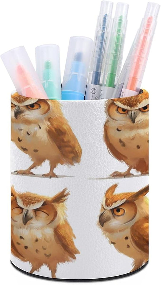 Big Wise Old Brown Owl Pencil Holder Round Pen Cup Wise PU Leather Marker Holder Makeup Brush Holders Desk Accessories Workspace Organizers for Home School Office