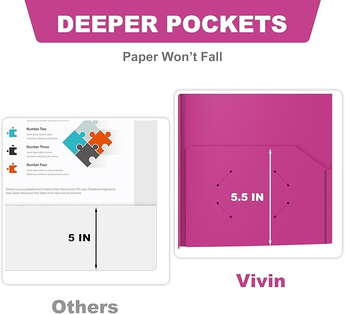 ViVin 12 Pack Plastic Folders with Pockets and Prongs, Heavy Duty 2 Pocket Folders with 3-Prong Fasteners, Poly File Holds 8-1/2" x 11" Paper for School Office Home (Purple)
