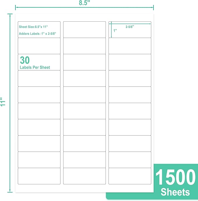 L LIKED Printable Address Labels, 1" x 2-5/8", 45,000 Labels, 30 per Sheet, Mailing Labels for Envelopes, Inkjet/Laser Printer Compatible (1500 Sheets)