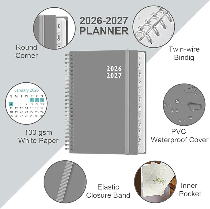 2026-2027 Planner - Weekly and Monthly Calendar Planner from Jul 2026 - Jun 2027, Planner 2026-2027 Spiral Bound with 12 Monthly Tabs, Inner Pocket, Perfect for School Office Supplies, 6.4" x 8.5", Grey-C