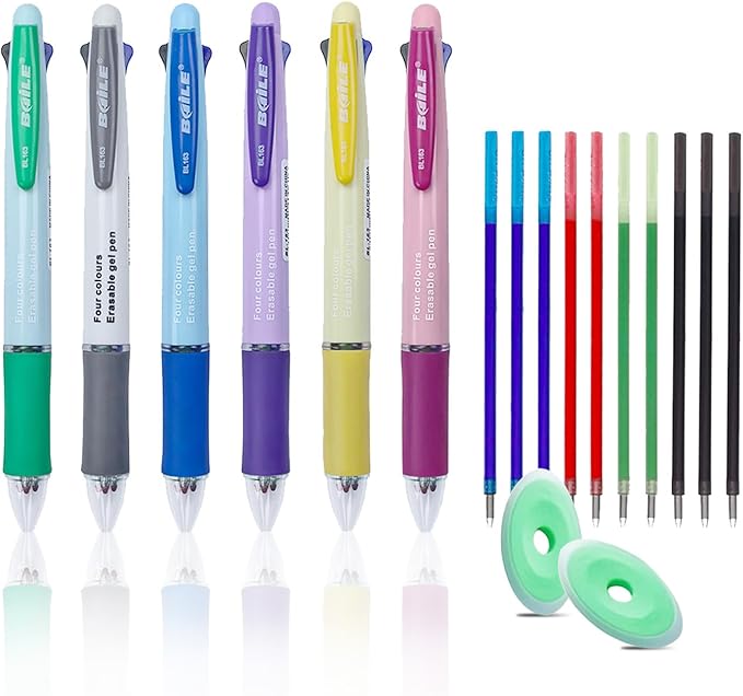 MROOFUL 6 Pcs 4 in 1 Multi-Coloured Ballpoint Pen Erasable Pens 0.5mm 4 Colours Retractable Ball Point Pen Multicolor Ink Pens with 10 Refills and 2 Eraser for Student Stationery Office Supplies