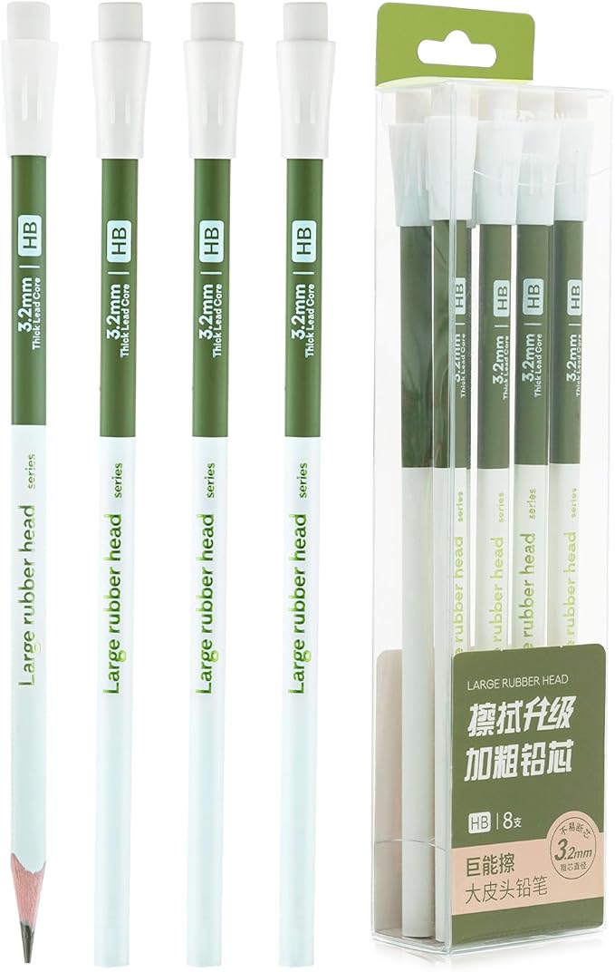 M&G 8 Pack HB Triangular Wood-Cased Pencils, 3.2mm Thick Lead, Unsharpened with Extra Large Erasers, Balanced Ergonomic Grip for Student Exam Daily Writing, School Office Classroom Use