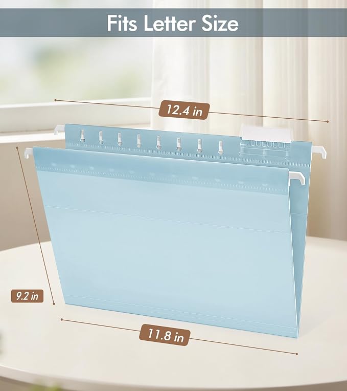 Plastic Hanging File Folders Letter Size, Colored Hanging File Folders with Tabs, Durable Waterproof Plastic Hanging Folders for Filing Cabinets, Office, School & Home Organization (15, Blue)