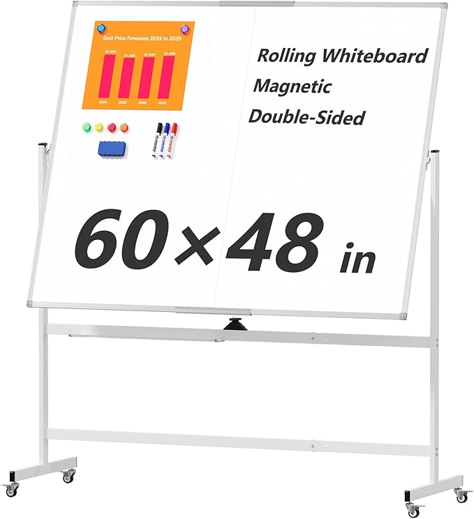 Large Rolling Whiteboard on Wheels, 60" x 48" Double-Sided Mobile White Board with Stand, 5' x 4' Portable Standing Magnetic Dry Erase Board Easel for Home Office Classroom School, Silver