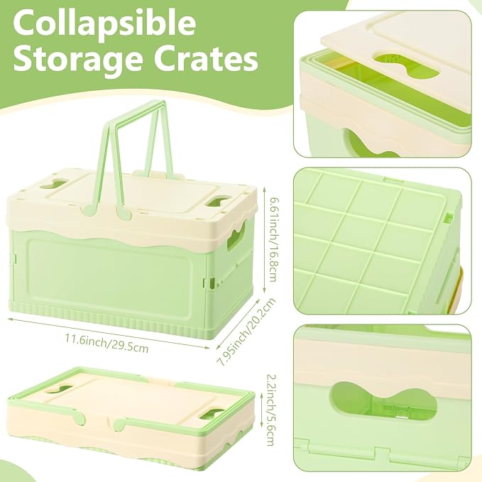 2 Pcs Pastel Plastic Collapsible Storage Crates with Lids and Handle Collapsible Picnic Basket Stackable Storage Bins Cute Foldable Container for Home Kitchen Office Bathroom(Green,Yellow)