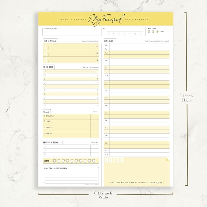 Daily Notepad Planner To Do Schedule - Stay Focused 50 Tear off Premium Made USA (Yellow Mango)