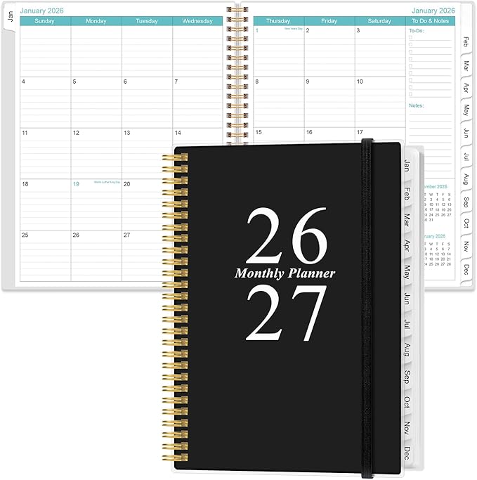 2026-2027 Monthly Planner - 18 Monthly Calendar, January 2026 - June 2027, Two Pages Per Month, 9" x11" Planner with Tabs, Strong Twin-Wire Binding, Inner Pocket, Black