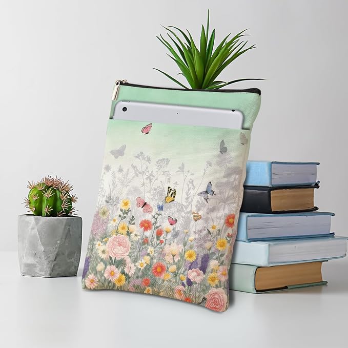 Aesthetic Flower Book Sleeve, Book Lovers Gifts Sleeve with Zipper & Front Pocket, 11.4x8.8 Inch Canvas Books Cover Protector Bookish Gifts for Readers Librarian Women Teacher Christmas Birthday Gift