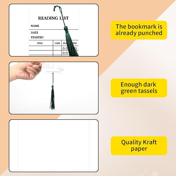 100 Pieces Reading List Bookmark with Tassels, 3 x 8 Inch Personal Libraries Cards 20 Pieces Tassels for Reading Lovers Kids Students Teachers(White)