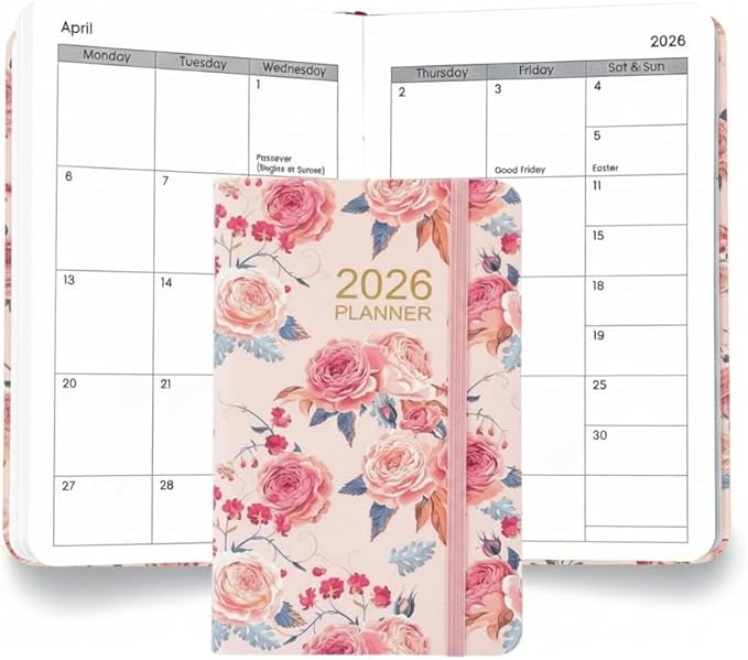 A6 2026 Daily Weekly Monthly Annual Planner with Pink Flower, Small Pocket Planner Notebook Agenda Book For Women
