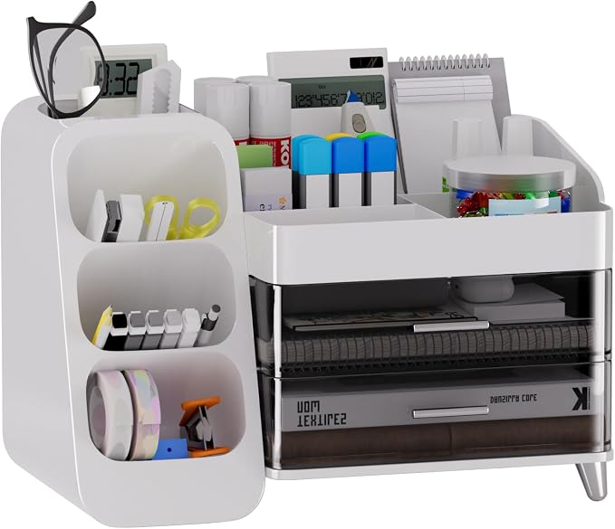 White Desk Organizer with Drawers, 2-Tier Desktop Organizer with Pen Holder, Office Supply Organizer for Desk Organization and Storage