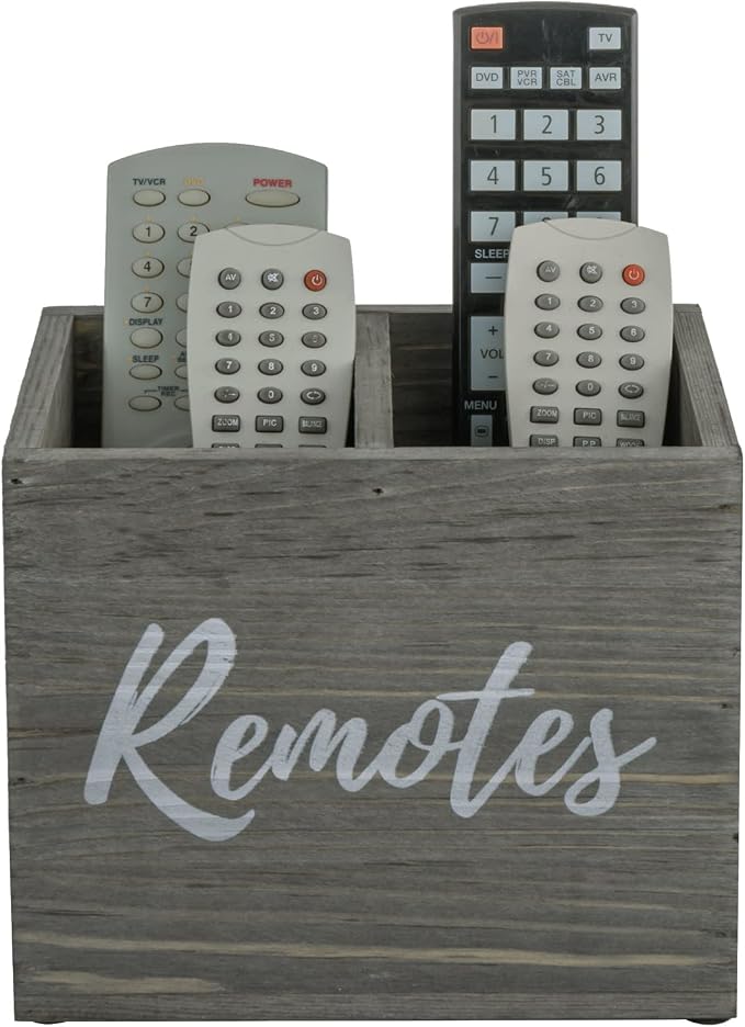 MyGift Vintage Gray Weathered Solid Wood Remote Holder for Table, 2 Compartment Caddy Holds TV DVD Blu-Ray Controls, Media Storage Box with White Cursive Remotes Label