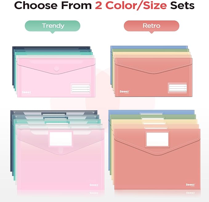 Sooez 5 Pack Plastic Envelopes, Plastic File Folders, Clear Folders for Documents Trendy Colors, Super Heavyweight Document Holders, Storage Pouches, File Envelopes for School Office Supplies
