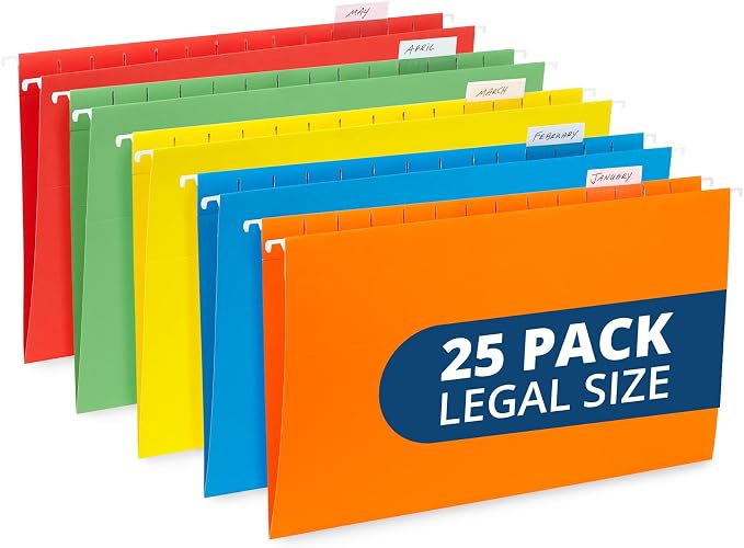 Blue Summit Supplies Legal Size Hanging File Folders, Legal Folders 9.5” × 14.75”, 25 Reinforced Hanging Files in Assorted Colors, for Home and Office Color Coded File Organization, 25 per Box