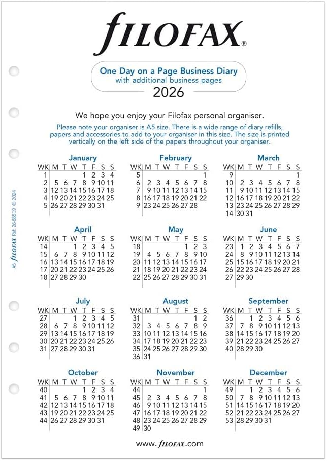 Filofax Calendar Diary Refill, A5 Size, One Day on One Page with Appointments, Business Diary, White Paper, English, 2026 (C68519-26)
