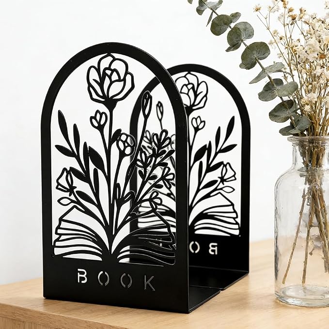 Book Ends, Bookends, Book Ends for Shelves, 2Pair Non Skid Metal Book Divider Decorative Holder, Abstract Art Desgin Book Stopper Supports for Office, Home (Flower Book)