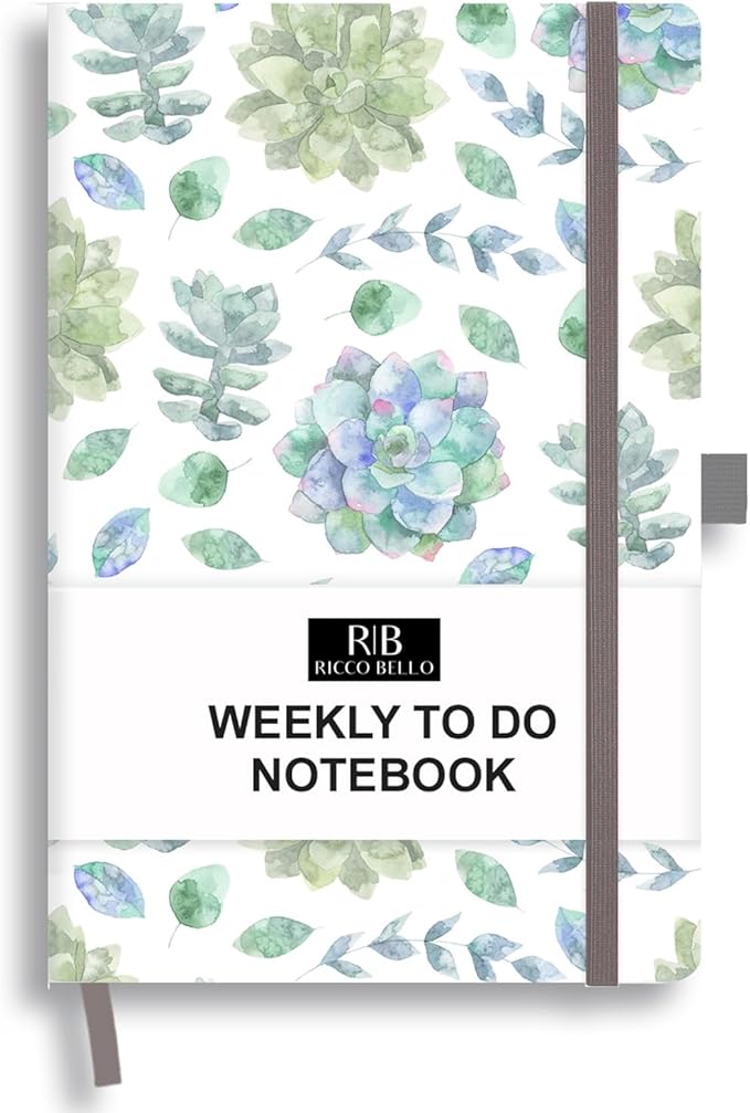 RICCO BELLO Undated Weekly Planner To Do Notebook | Hardcover, for Work, School, Home with Pen Holder, Bookmark, Band Closure, Storage Pocket, 5.7 x 8.4 Inches (Succulents)