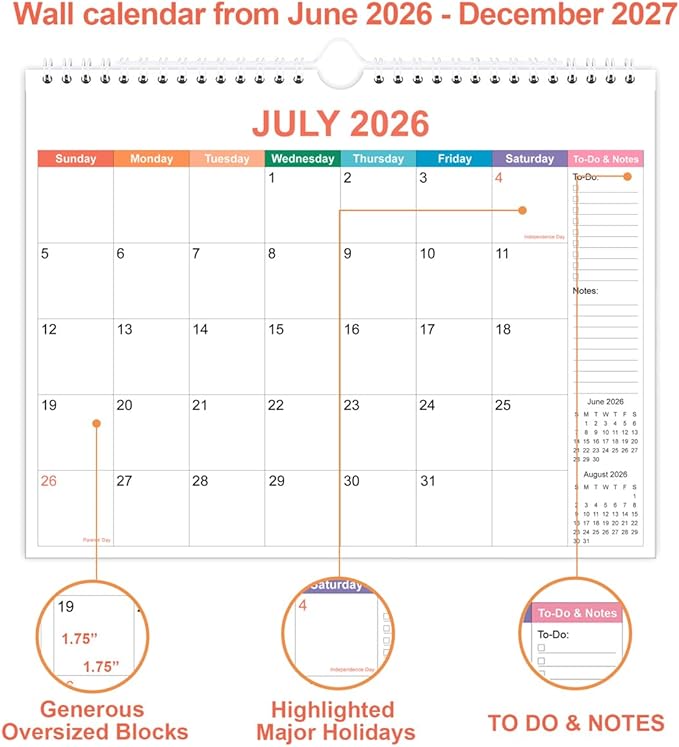 2026-2027 Calendar - Wall Calendar 2026-2027 from June 2026 to December 2027, 2026-27 Calendar with Premium Paper, Twin-Wire Binding & Hanging Hook, 11.5" x 14.5", Colorful