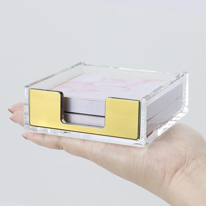 MultiBey Sticky Notes Memo Pad Holder Dispenser Clear Acrylic Gold Post Note Pad Holders Aesthetic Desk Supplies Organizer Accessories for Office Home Schools (Gold)