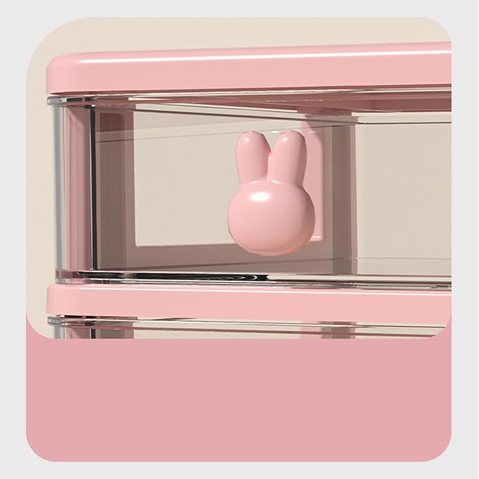 Plastic Desktop Storage Box Drawers, Stackable Desk Organizer with Bunny Handle Desktop Drawers Multi Tier for Office School(Clear) (Pink)