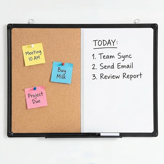 Magnetic White Board and Cork Board Combo, 24" x 18" Combination Bulletin & Dry Erase Board, Wall Mounted for Home, School and Office, Black Aluminum Frame
