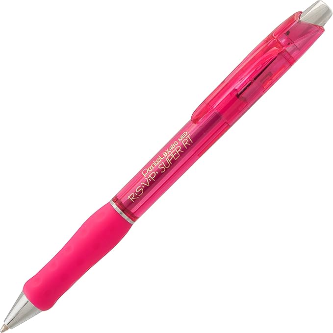 Pentel RSVP Super RT Ballpoint Pen, (1.0mm) Medium Line, Pink Ink, Box of 12 Pens (BX480-P)