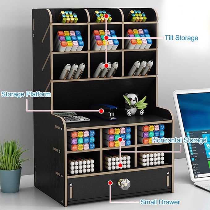 Wooden Desk Organizer with Drawer, Large Capacity DIY Pen Holder Storage Box Desktop Stationary Storage Rack, Pen Organizer Caddies for Office, Home and School Supplies (B16-Black)