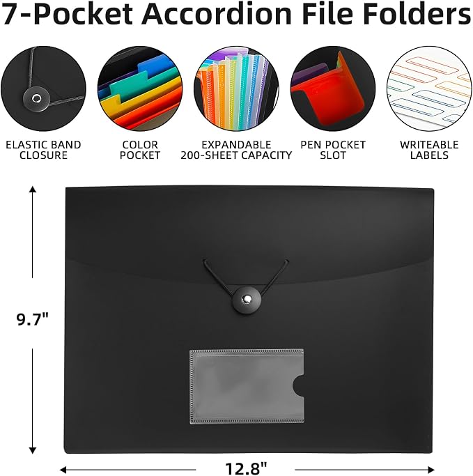 Accordian File Organizer 7 Pocket Expanding File Folder with Labels, Plastic Expandable File Folder for Documents Letter Size A4 Papers - 7-Pack Black