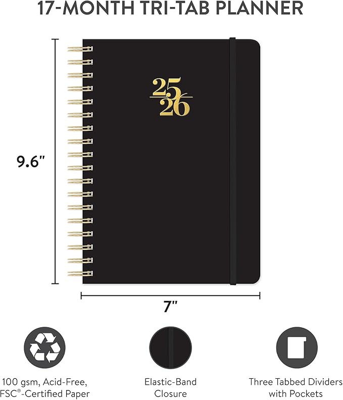 Orange Circle Studio Academic 2026 Planner, Amazon Exclusive, Black, Tri-Tab Planners, August 2025 to December 2026, 9.6" x 7", Monthly & Weekly Planner Calendar for School or Work, Note Pages