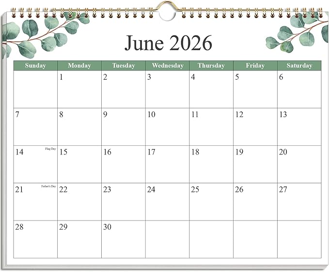 2026-2027 Calendar - Calendar 2026-2027 from June 2026 - December 2027, 19 Months Calendar with Premium Paper, Twin-Wire Binding & Hanging Hook, 12" x 14.5", Green Leaf